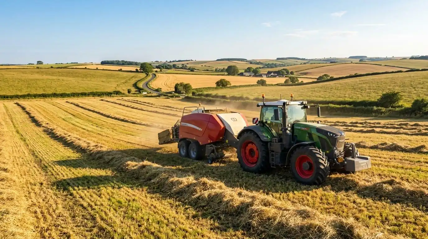 Tractor pulling a hay baler across a harvested field (illustration)