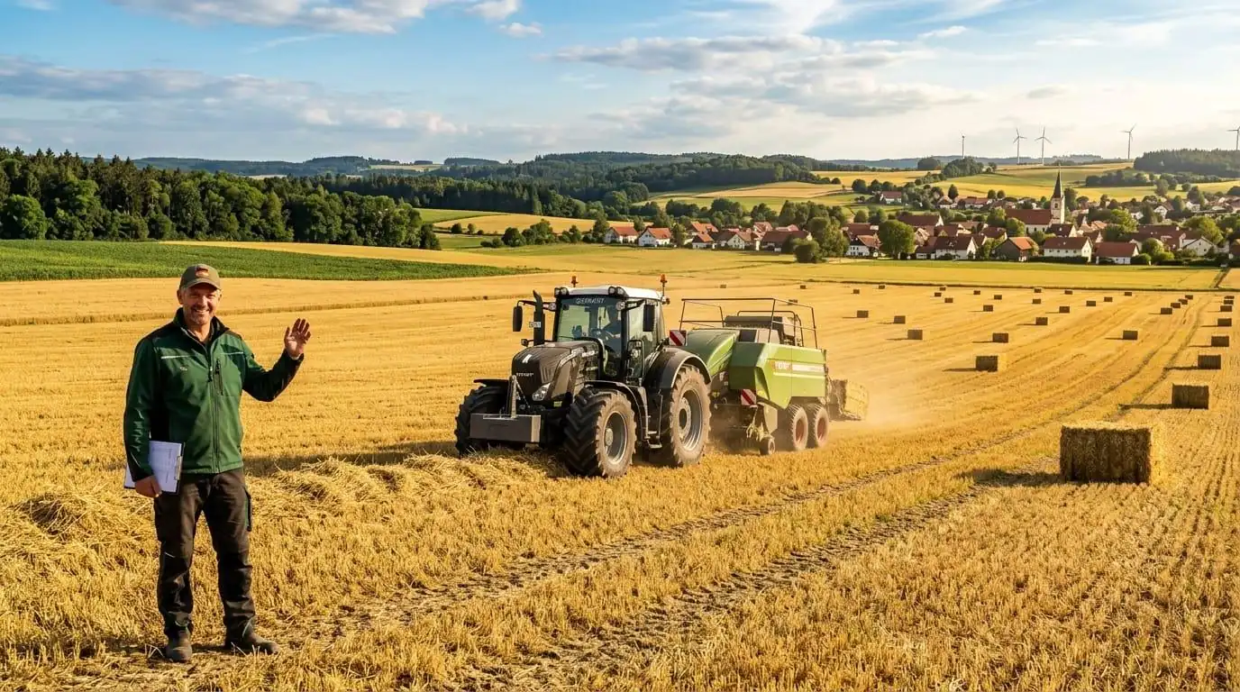 Farmer beside a tractor baling hay in a golden field (illustration)